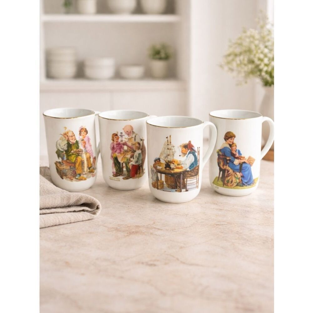 Vintage 1982 Norman Rockwell Decorative Set of 4 Mugs - Collectible- Coffee Mug
